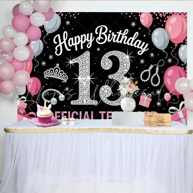 Lofaris Pink and Silver 13th Birthday Backdrop Official Teenager 13 Tiara and Pearls Party Decoration