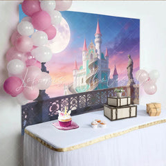 Lofaris Pink and Teal Fantasy Castle Photography Backdrop with Full Moon Magical Fairytale Photo Background for Studio Portrait Sessions