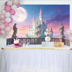 Lofaris Pink and Teal Fantasy Castle Photography Backdrop with Full Moon Magical Fairytale Photo Background for Studio Portrait Sessions