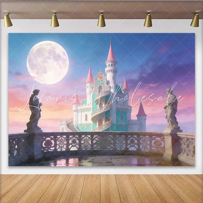 Lofaris Pink and Teal Fantasy Castle Photography Backdrop with Full Moon Magical Fairytale Photo Background for Studio Portrait Sessions