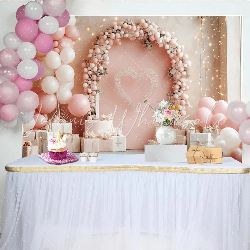 Lofaris Pink and White Balloons Valentines Day Photography Backdrop Elegant Heart Arch Background for Romantic Portraits and Party Decor