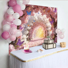 Lofaris Pink and White Cherry Blossom Photography Backdrop Colorful Butterflies and Sparkling Glitter Background for Studio Photoshoot