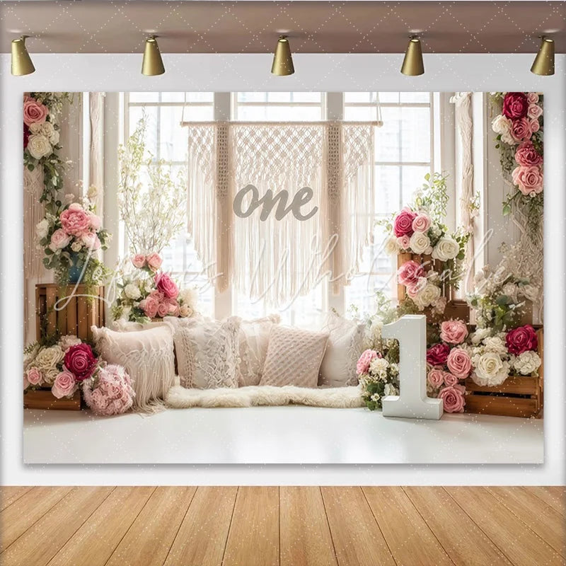 Lofaris Pink and White Floral Boho 1st Birthday Backdrop Elegant Photography Background for Cake Smash Party Decor
