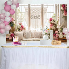 Lofaris Pink and White Floral Boho 1st Birthday Backdrop Elegant Photography Background for Cake Smash Party Decor