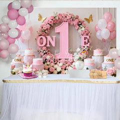 Lofaris Pink and White Floral ONE First Birthday Party Backdrop Elegant Baby Girl Celebration Decor with Gold Butterflies