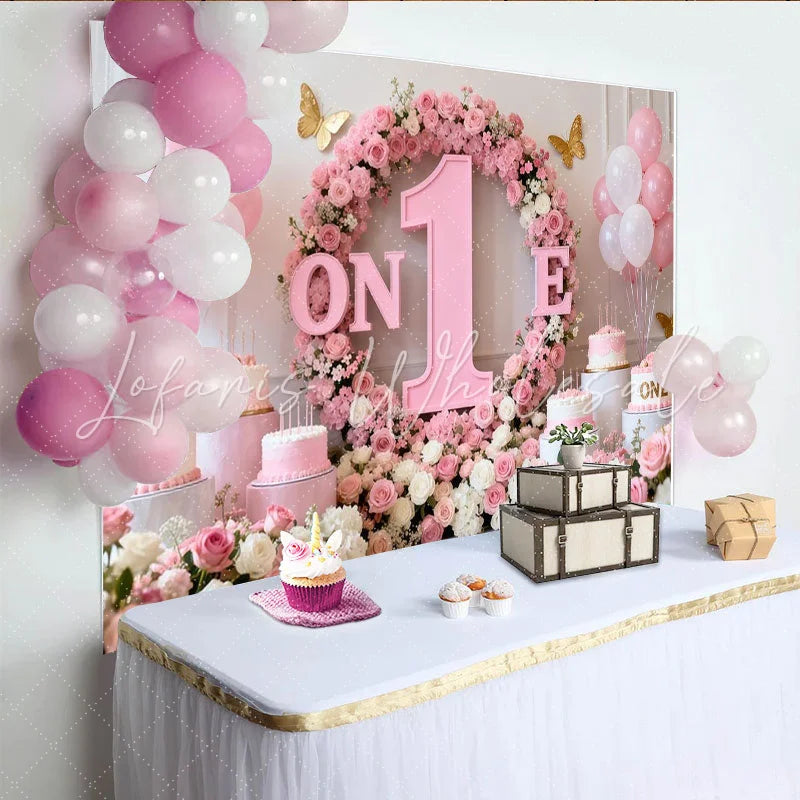 Lofaris Pink and White Floral ONE First Birthday Party Backdrop Elegant Baby Girl Celebration Decor with Gold Butterflies
