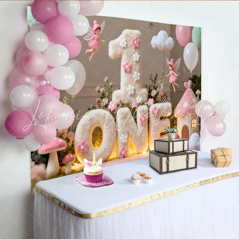 Lofaris Pink and White Fluffy ONE First Birthday Party Backdrop Enchanted Fairy Garden Theme with Balloons and Mushrooms