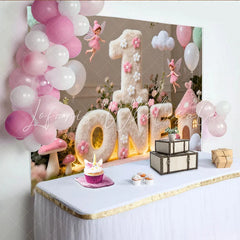 Lofaris Pink and White Fluffy ONE First Birthday Party Backdrop Enchanted Fairy Garden Theme with Balloons and Mushrooms