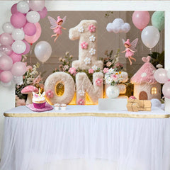 Lofaris Pink and White Fluffy ONE First Birthday Party Backdrop Enchanted Fairy Garden Theme with Balloons and Mushrooms
