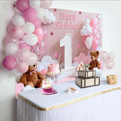 Lofaris Pink and White Happy 1st Birthday Party Backdrop with Teddy Bears and Balloons Sweet Baby Girl Celebration Decor
