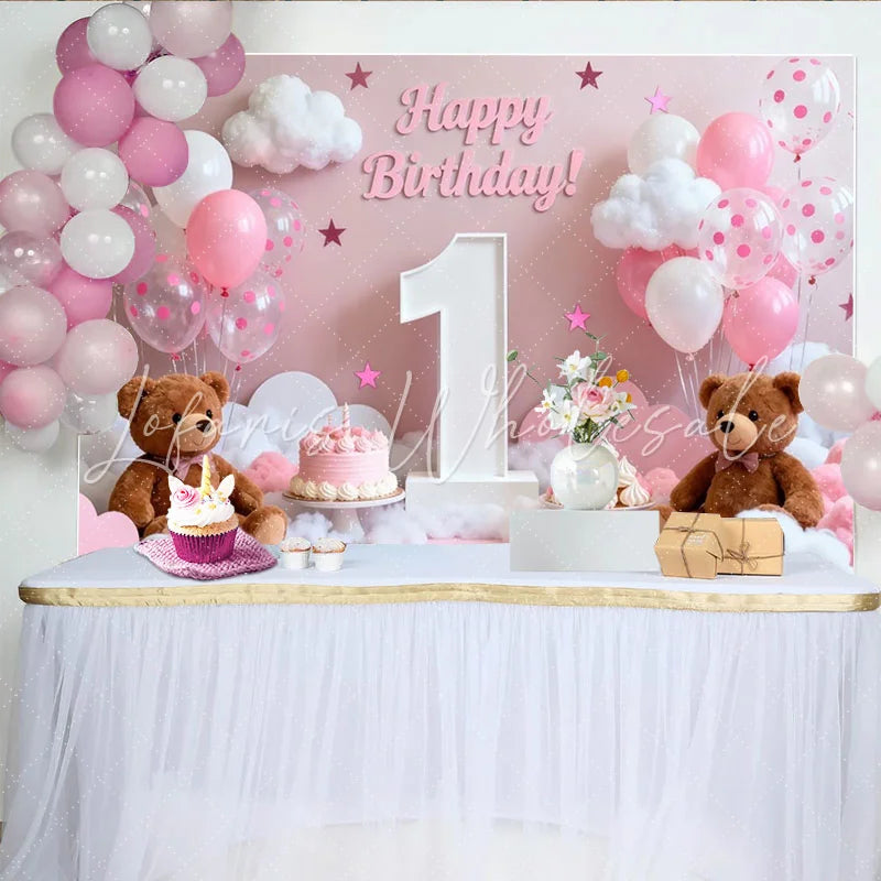 Lofaris Pink and White Happy 1st Birthday Party Backdrop with Teddy Bears and Balloons Sweet Baby Girl Celebration Decor