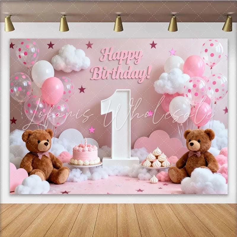 Lofaris Pink and White Happy 1st Birthday Party Backdrop with Teddy Bears and Balloons Sweet Baby Girl Celebration Decor