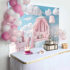 Lofaris Pink Armchair Canopy Bed Teddy Bear Backdrop Blue Sky Clouds Baby Girl Cake Smash Background