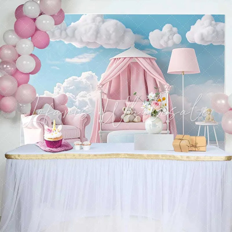 Lofaris Pink Armchair Canopy Bed Teddy Bear Backdrop Blue Sky Clouds Baby Girl Cake Smash Background