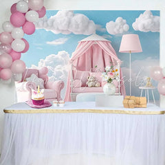 Lofaris Pink Armchair Canopy Bed Teddy Bear Backdrop Blue Sky Clouds Baby Girl Cake Smash Background