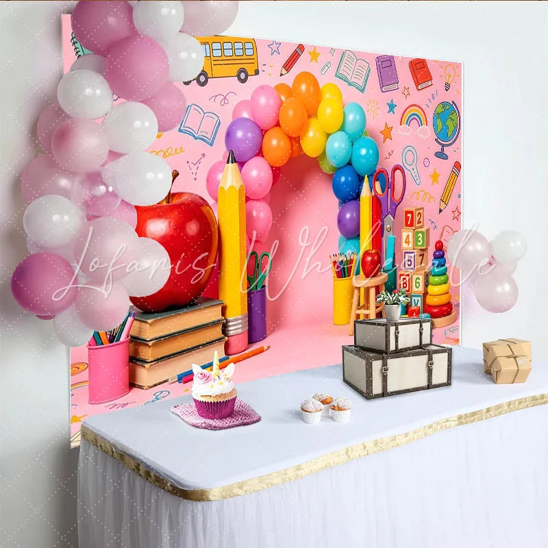 Lofaris Pink Back to School Photography Backdrop with Colorful Balloons and Apple Vibrant Background for Kids Photoshoot and Party