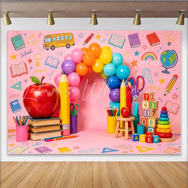 Lofaris Pink Back to School Photography Backdrop with Colorful Balloons and Apple Vibrant Background for Kids Photoshoot and Party