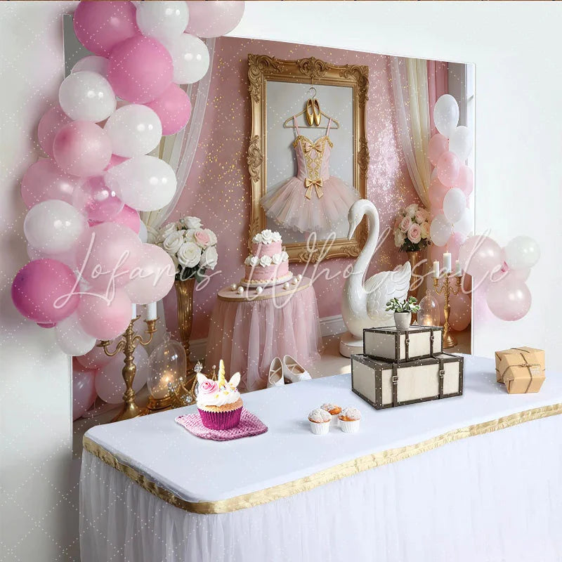 Lofaris Pink Ballerina Birthday Backdrop with Tutu Golden Shoes and Swan Elegant Princess Party Decor for Girls Photoshoot