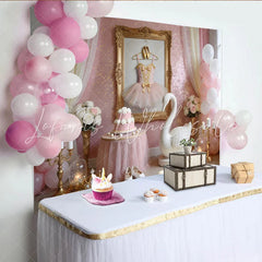 Lofaris Pink Ballerina Birthday Backdrop with Tutu Golden Shoes and Swan Elegant Princess Party Decor for Girls Photoshoot