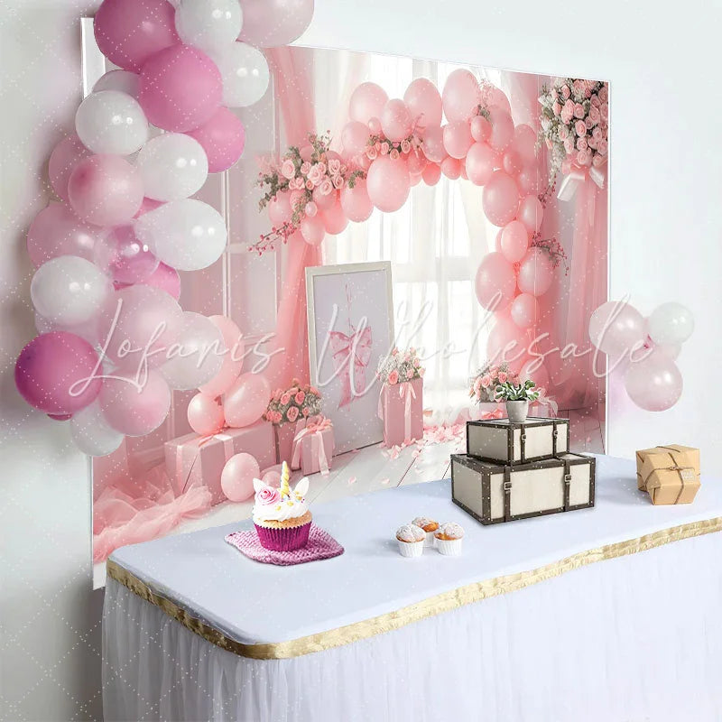Lofaris Pink Balloon Arch and Gift Box Backdrop Indoor Window View Photography Background Cake Smash Decor