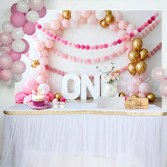 Lofaris Pink Balloon Arch Birthday Cake Smash Backdrop Gold Balloons and Pom Pom Garland ONE Background