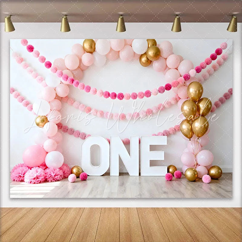 Lofaris Pink Balloon Arch Birthday Cake Smash Backdrop Gold Balloons and Pom Pom Garland ONE Background
