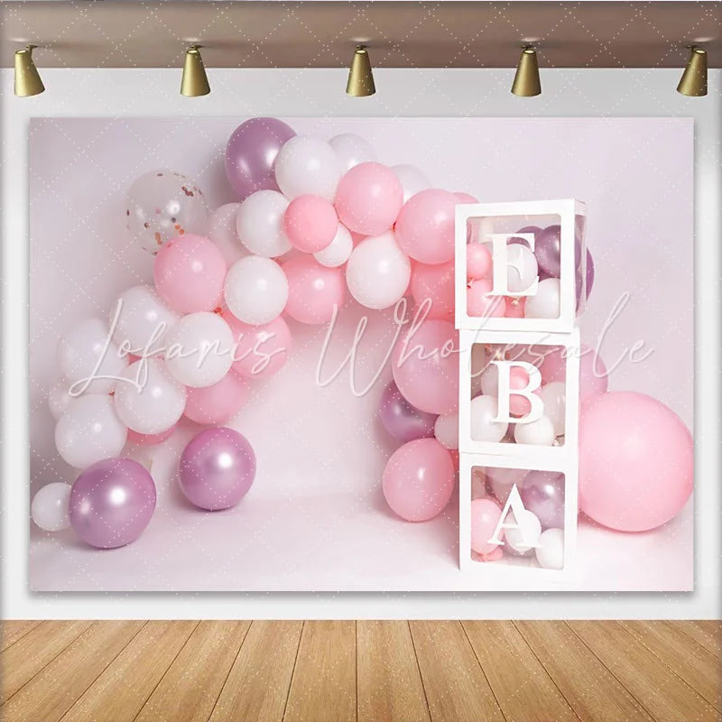Lofaris Pink Balloon Arch Custom Name Cake Smash Backdrop White Letter Blocks Girl Birthday Party Background