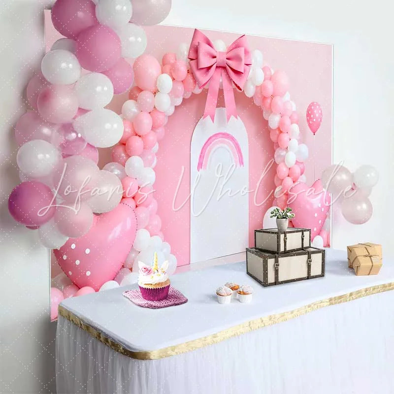 Lofaris Pink Balloon Bow Rainbow Arch Wedding Backdrop Heart Balloon Party Photography Background