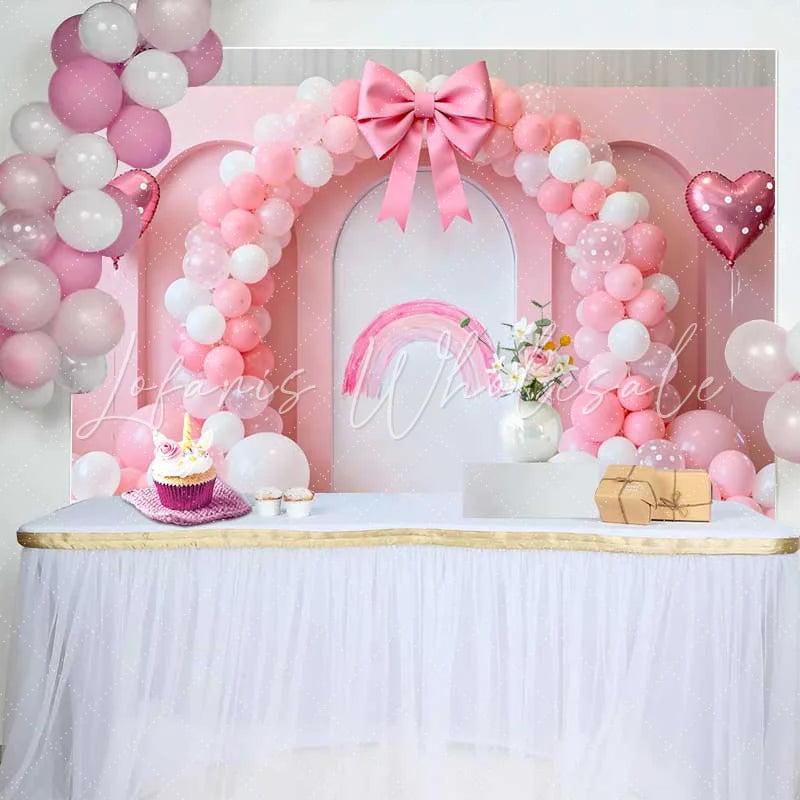 Lofaris Pink Balloon Bow Rainbow Wedding Backdrop Heart Balloon Bridal Shower Party Photography Background