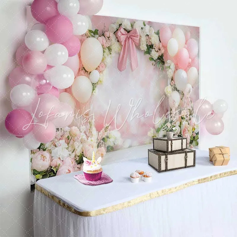 Lofaris Pink Balloon Bow Ribbon Wedding Backdrop Watercolor Floral Bridal Shower Photography Background