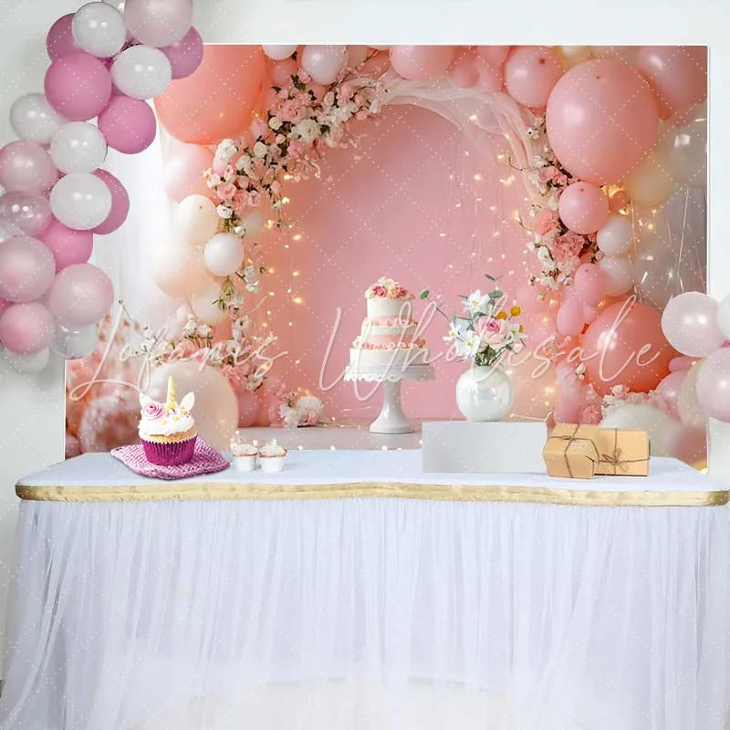 Lofaris Pink Balloon Floral Arch Wedding Backdrop Romantic White Cake Fairy Lights Party Photography Background