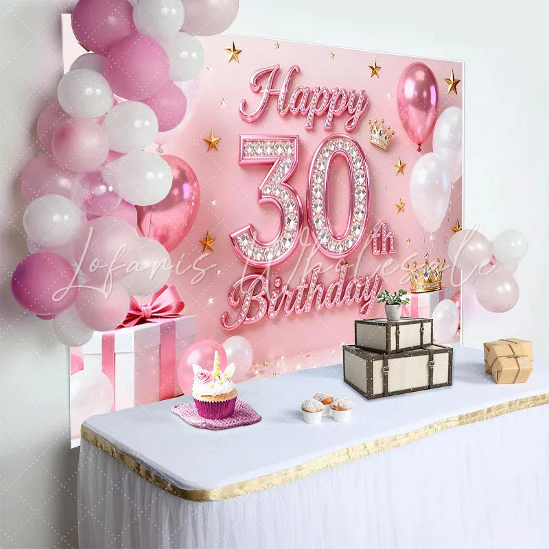 Lofaris Pink Balloons 30th Happy Birthday Backdrop Gold Stars Crown Gifts Diamond Number Party Background