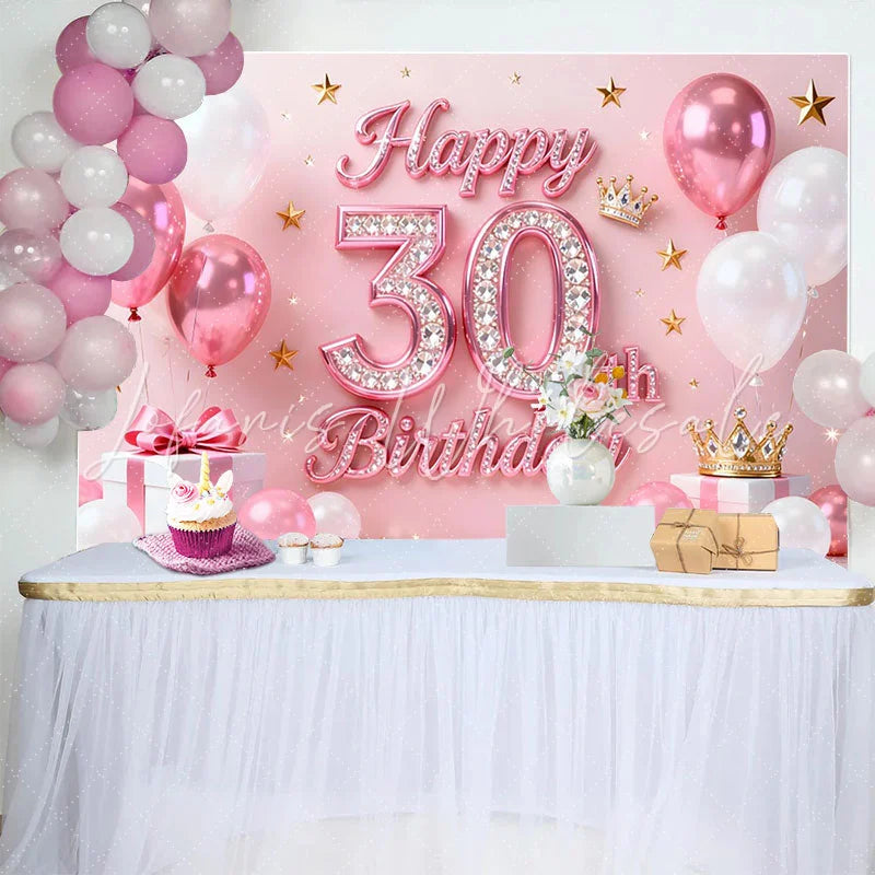 Lofaris Pink Balloons 30th Happy Birthday Backdrop Gold Stars Crown Gifts Diamond Number Party Background