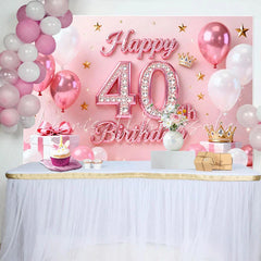 Lofaris Pink Balloons 40th Happy Birthday Backdrop Gold Stars Crown Gifts Diamond Number Party Background