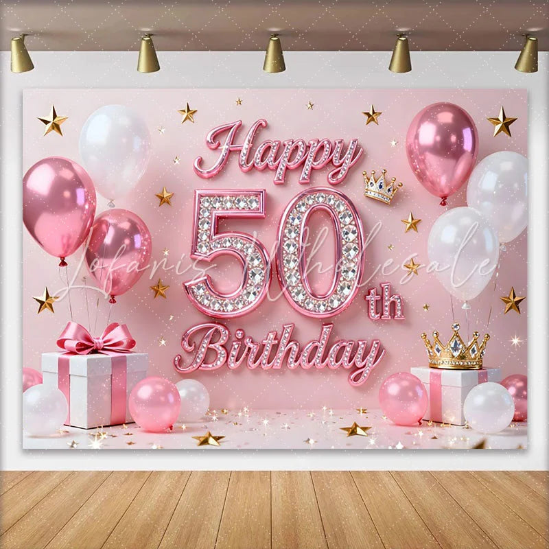 Lofaris Pink Balloons 50th Happy Birthday Backdrop Gold Stars Crown Gifts Diamond Number Party Background