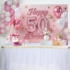 Lofaris Pink Balloons 50th Happy Birthday Backdrop Gold Stars Crown Gifts Diamond Number Party Background