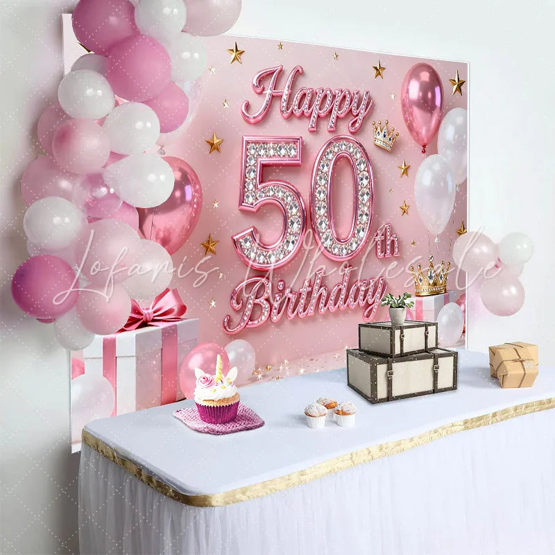 Lofaris Pink Balloons 50th Happy Birthday Backdrop Gold Stars Crown Gifts Diamond Number Party Background