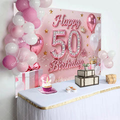 Lofaris Pink Balloons 50th Happy Birthday Backdrop Gold Stars Crown Gifts Diamond Number Party Background
