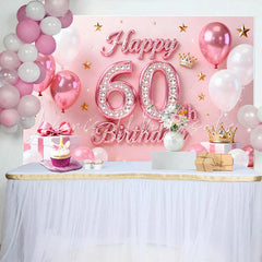 Lofaris Pink Balloons 60th Happy Birthday Backdrop Gold Stars Crown Gifts Diamond Number Party Background
