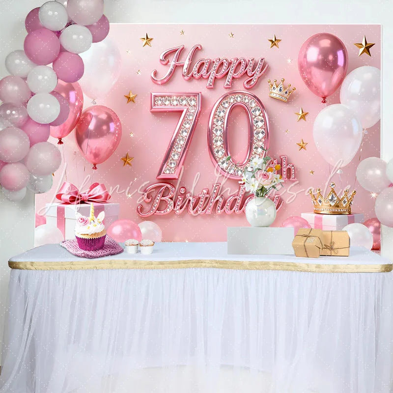 Lofaris Pink Balloons 70th Happy Birthday Backdrop Gold Stars Crown Gifts Diamond Number Party Background