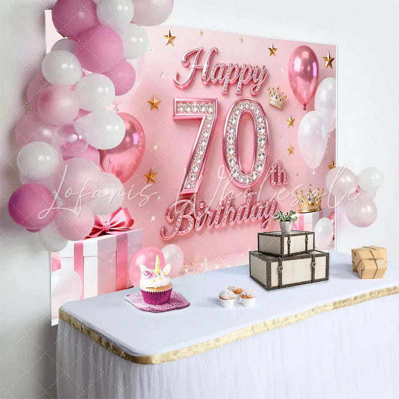 Lofaris Pink Balloons 70th Happy Birthday Backdrop Gold Stars Crown Gifts Diamond Number Party Background