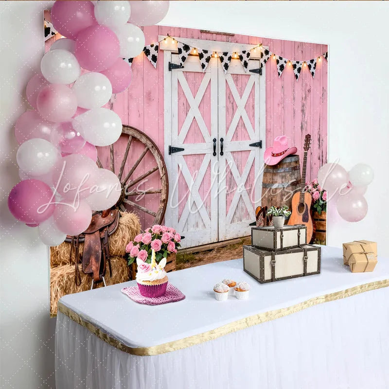 Lofaris Pink Barn Western Photography Backdrop with Cow Print Bunting and Wagon Wheel Rustic Cowboy Boots and Guitar Background