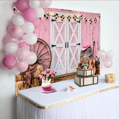 Lofaris Pink Barn Western Photography Backdrop with Cow Print Bunting and Wagon Wheel Rustic Cowboy Boots and Guitar Background