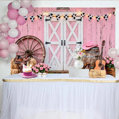 Lofaris Pink Barn Western Photography Backdrop with Cow Print Bunting and Wagon Wheel Rustic Cowboy Boots and Guitar Background