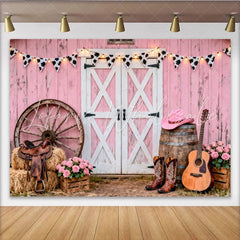 Lofaris Pink Barn Western Photography Backdrop with Cow Print Bunting and Wagon Wheel Rustic Cowboy Boots and Guitar Background