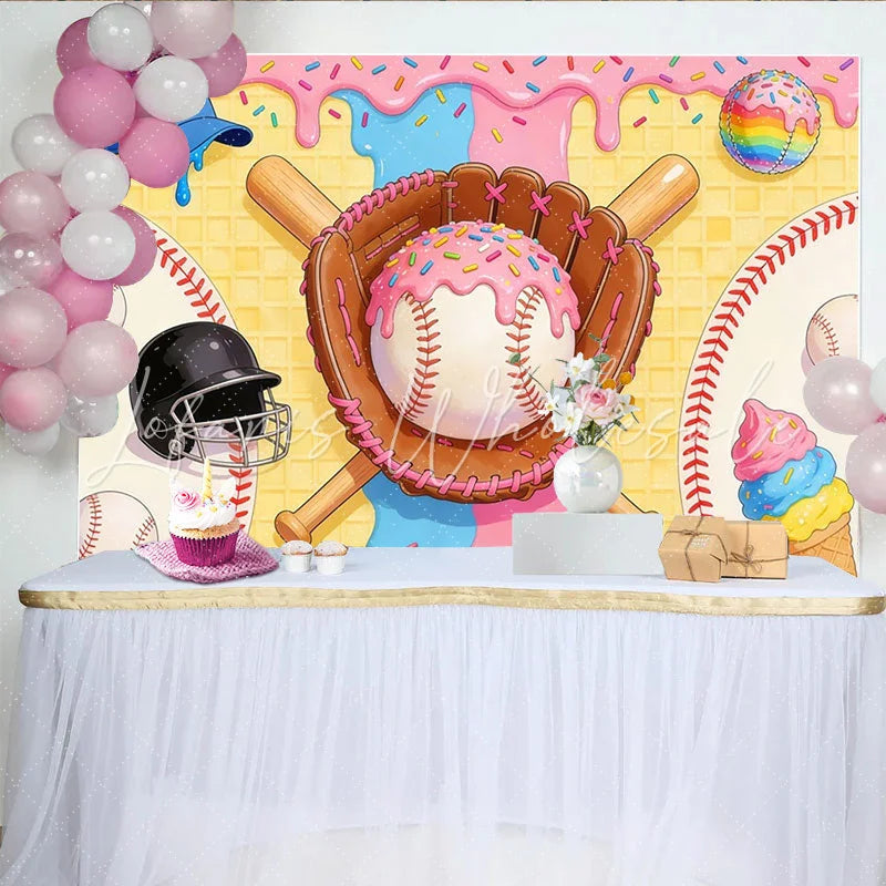 Lofaris Pink Blue Baseball Donut Birthday Backdrop with Sprinkles and Waffle Texture Sweet Sports Theme Background for Party Photography