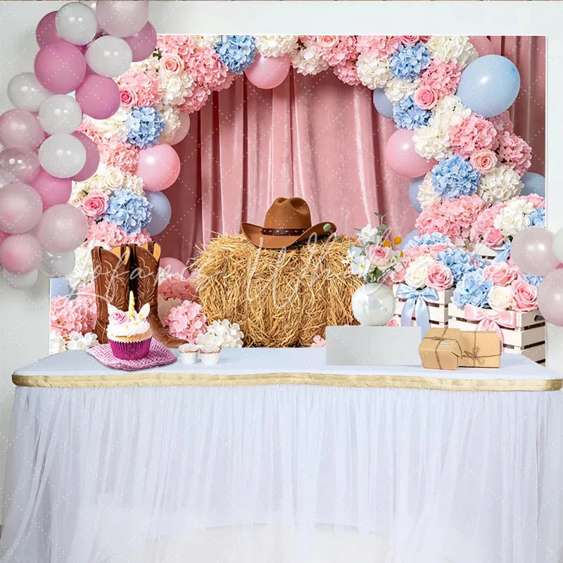 Lofaris Pink Blue Floral Cowgirl Baby Shower Backdrop with Cowboy Hat and Boots Rustic Hay Bale Photography Background for Western Party