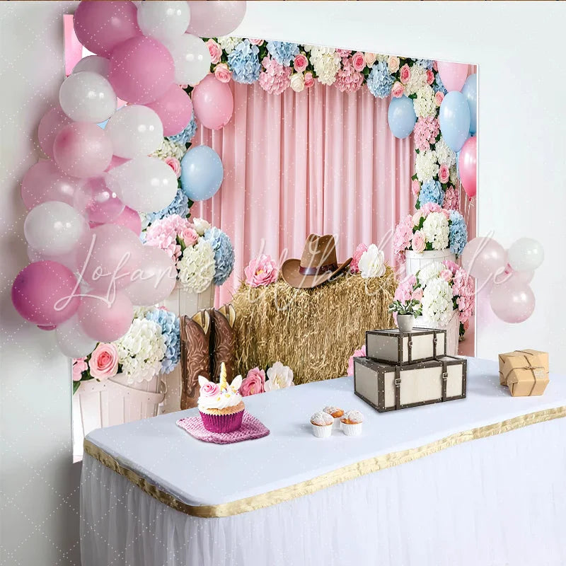 Lofaris Pink Blue Floral Western Gender Reveal Baby Shower Backdrop with Cowboy Hat and Boots Rustic Photography Background for Party Decor