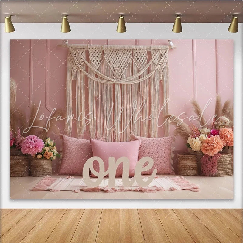 Lofaris Pink Boho 1st Birthday Backdrop with Macrame and Pampas Grass Elegant Photography Background for Cake Smash and Party Decor