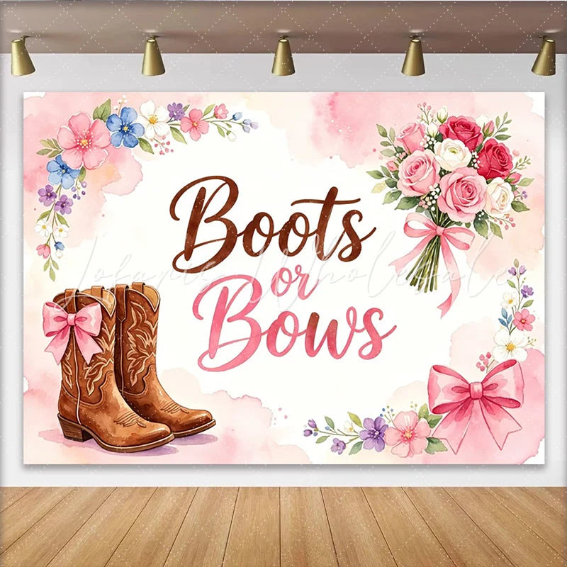 Lofaris Pink Boots or Bows Gender Reveal Baby Shower Backdrop with Cowboy Boots and Flowers Rustic Party Decor for Gender Reveal Photos